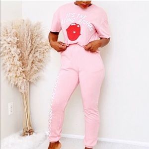 The Rolling Stones Pink Sweatsuit Cropped Top and Sweatpants Size Small